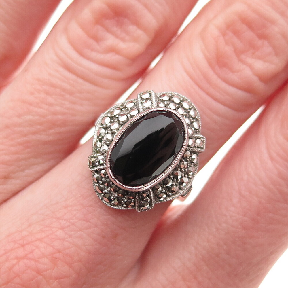 925 Sterling Silver Antique Art Deco Real Black Onyx & Marcasite Ring Size 6.25